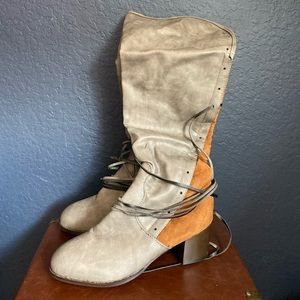 •Gray and Camel Brown Over the Knee Boots•